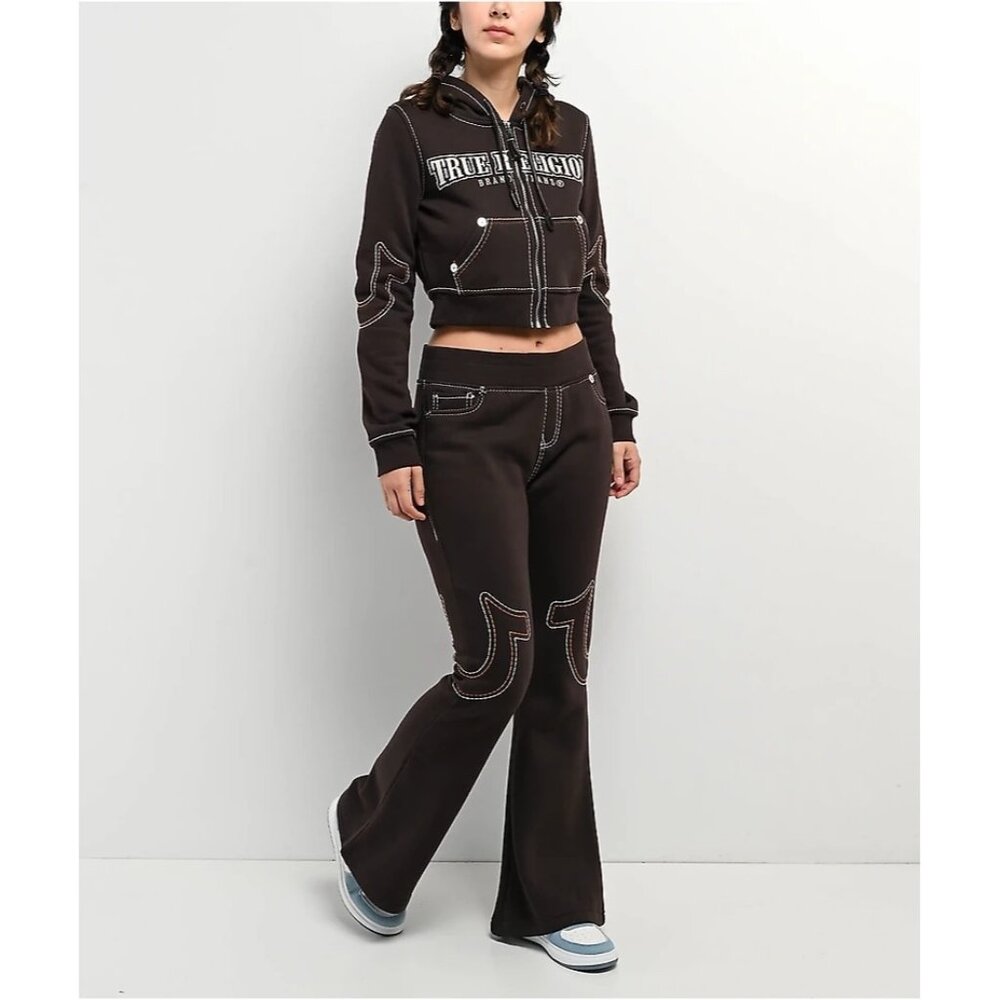 True Religion Flare Sweat Pants Joey Mid Rise Big T Black Women Size 2XL